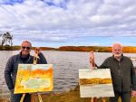 Robson Green and Matheson Green with their paintings at Coldingham Loch