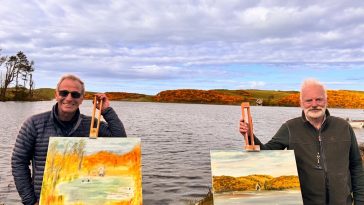 Robson Green and Matheson Green with their paintings at Coldingham Loch