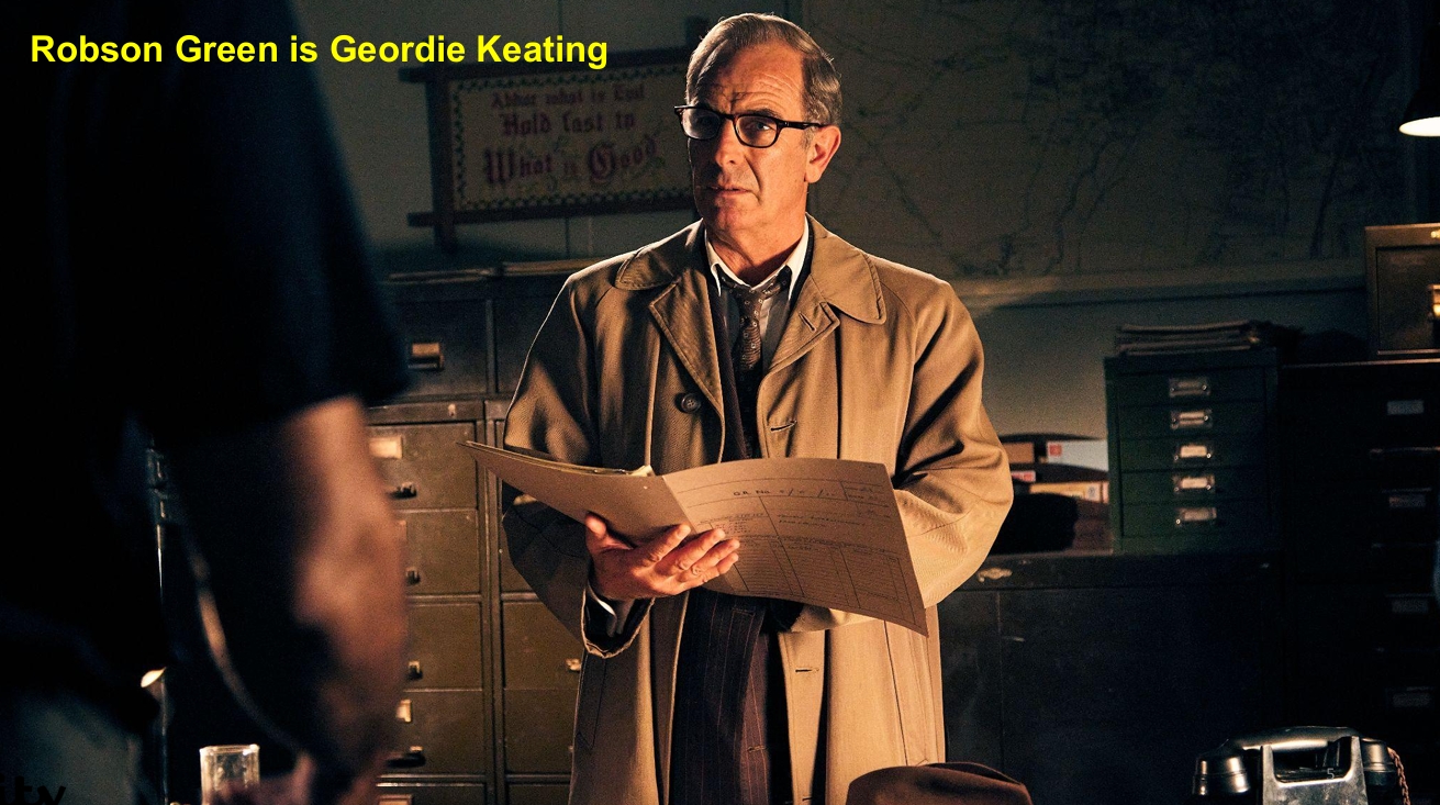 Robson Green as DI Geordie Keating in his brown overcoat holding a folder