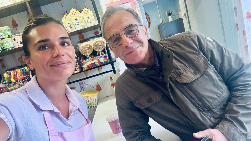 Robson Green at Milk and Honey ice cream shop, Seahouses