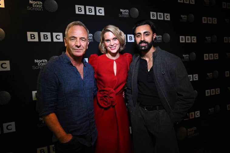 Robson Green, Liz White and Gurjeet Singh, the stars of the brand-new BBC daytime detective series, The Northumbria Mysteries, at a premiere screening at Newcastle upon Tyne on Thursday 15 October 2026.