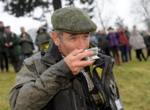 Robson Green throws whickey into the River Dee and makes the first cast at the official launch of the River Dee salmon fishing season.