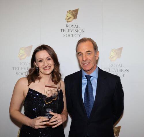 BBC Look North's Jen Bartram with Robson Green at the Royal Television Society North East Awards 2022